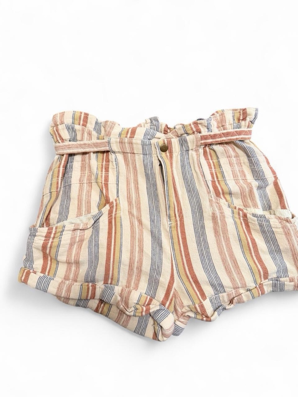 Free People Striped High Waist Paperbag Shorts in Cream, Blue, Rust, Yellow